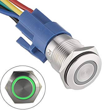 API-ELE [3 year warranty] 16mm Latching Push Button Switch 12VDC On Off Stainless Steel with LED Angel Eye Head for 0.63" Mounting Hole with Wire Socket Plug Self-locking(Green)
