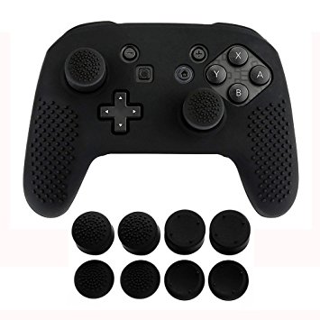 Jadebones Silicone Skin Protective Case With 8pcs Stick Grips for Nintendo Switch Pro Controller (Black)