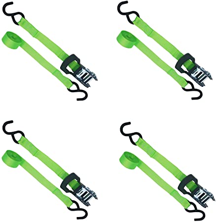 TOPSKY RTD2009 Ratchet Tie Down Straps, 10 ft x 1 in Securing Straps, 1500 lbs Break Strength Cargo Tie Down, Green. Pack of 4