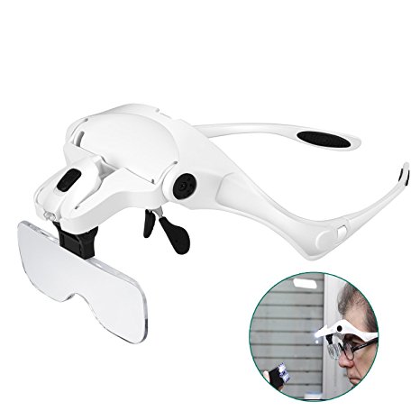 Headset Magnifier with 2 LED Magnifying Glass Visor Loupe Hands Free for Close up Work,Watch/Circuit Repair,Sewing,Jewelry,Hobby,Crafts-5 Detachable Lenses 1.0X, 1.5X, 2.0X, 2.5X, 3.5X