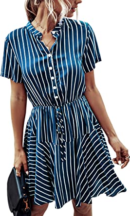 Angashion Women's Dresses-Work Casual Short Sleeve Printed Button A Line T Shirt Skater Mini Dress