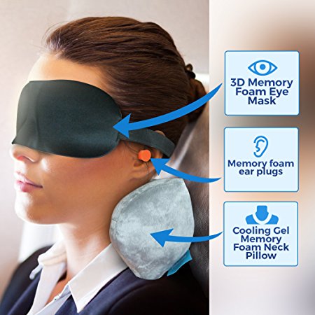 Cooling Gel Memory Foam Neck & Travel Pillow Kit. 3D Memory Foam Sleep Mask & Ear Plugs. Patent Pending Cervical Contour Design Is Ideal for Airplane or Car Travel. Portable Microfiber Carrying Bag.