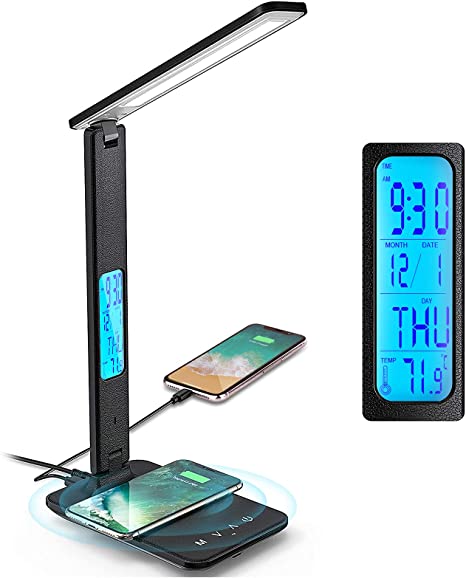 Desk Lamp with USB Charging Port,Wireless Charger LED Desk Lamp,Adjustable Foldable Table Lamp with Clock, Alarm, Date, Temperature,5 Levels of Dimmable Lighting,Home Office Lamp for Studying, Reading, Working (Black)