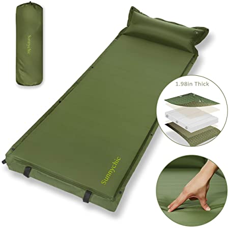 Camping Sleeping Mat, Sunnychic Inflatable Sleeping Pad with Pillow, Ultralight & Connectable Compact Camping Air Mattress, Foam Filling 1.98'' Thick Camp Mat for Outdoor Backpacking Traveling Hiking Family Car