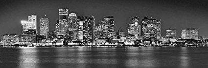 Boston Skyline PHOTO PRINT UNFRAMED NIGHT Black & White BW City Downtown 11.75 inches x 36 inches Archival Photographic Panorama Poster Picture Standard Size