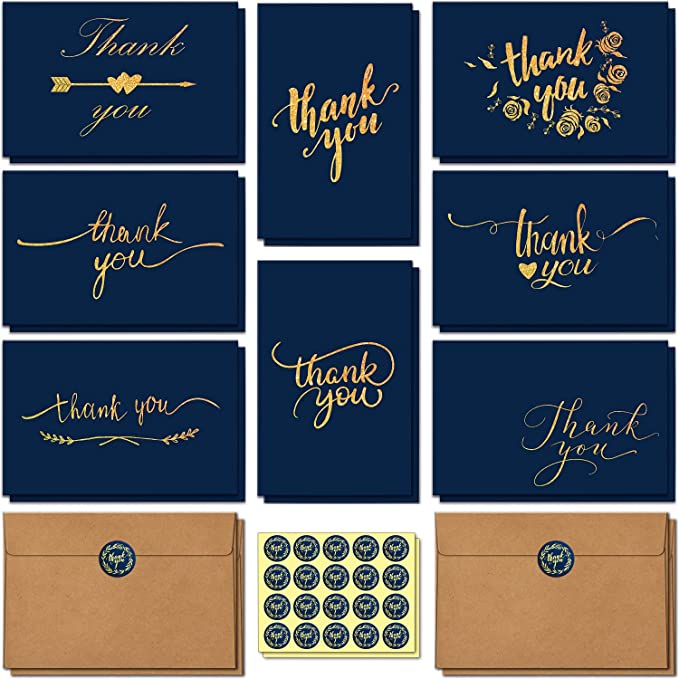 144 Bulk Thank You Cards with Self-Seal Envelopes, Navy Blue and Gold Foil Designs Thank You Notes Box Set with Elegant 8 Designs for Wedding, Business, Christmas, Baby Shower, Blank Inside, 4" x 6"