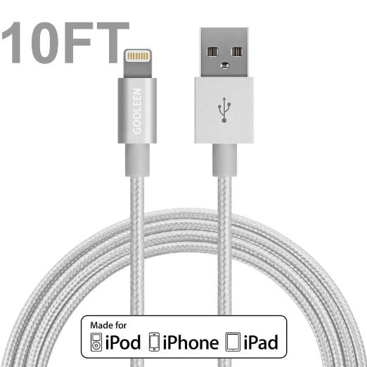 iphone charger, GOOLEEN 10ft/3M Lightning Cable Nylon Braided Charging Cable Extra Long USB Syncing Cord for iPhone 7/7 plus se/6s/6s Plus/6/6 Plus/5s/5c/5, iPad Air 2/Air/Mini 4/3/2/Pro on iOS9 -Silver