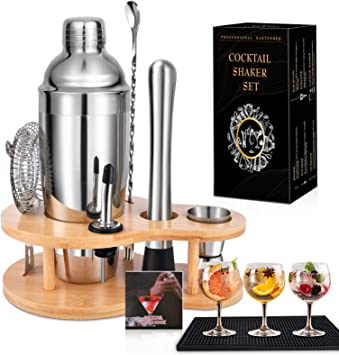 Bartender Kit with Bamboo Stand and Bar Mat, 10Pcs Stainless Steel Cocktail Shaker Set Perfect Bar Set with Recipes and Bartender Tools for The Home Bar Drink Mixing, Party