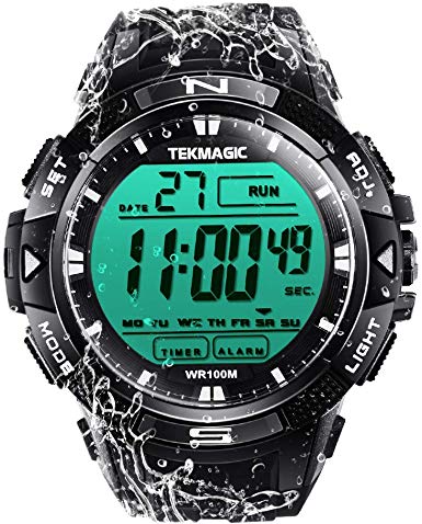TEKMAGIC Digital Sport Dive Watch 100m Water Resistant Wristwatch with Electro Luminescent Light and Hourly Chime Function