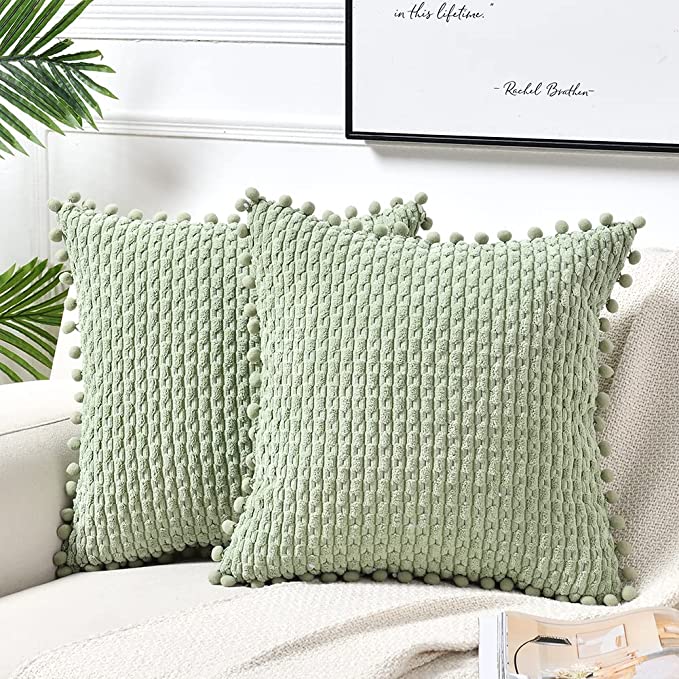 Fancy Homi Set of 2 Sage Green Decorative Throw Pillow Covers 18x18 Inch with Pom-poms for Couch Bed Sofa, Modern Farmhouse Boho Home Decor, Soft Plush Corduroy Cute Cushion Case 45x45 cm