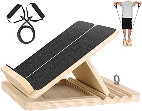 Professional Wooden Slant Board,Adjustable Incline Board and Calf Stretcher,Stretch Board with Non-Slip Surface and Stretch Resistance Tube,Extra Heel Protection Design for Plantar Fasciitis Exercise