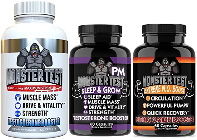 Angry Supplements Test Booster for Men (3 Pack), Monster Test (120 Tablets), Monster N.O Nitric Oxide Booster, Monster PM Sleep Aid, Build Muscle, Increase Energy & Drive, All Natural (3-Pack)