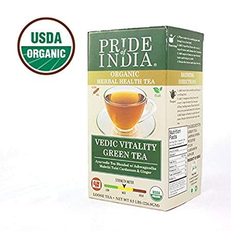 Pride Of India - Organic Indian Green Tea (Loose Leaf) with Ancient Ayurvedic Vitality Herbs, Half Pound