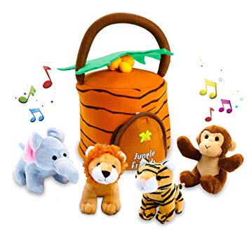 Hoovy Plush Jungle Animals Toy Set (5 Pcs) with Carrier for Kids|Stuffed Monkey, Lion, Tiger & Elephant|Great for Boys & Girls