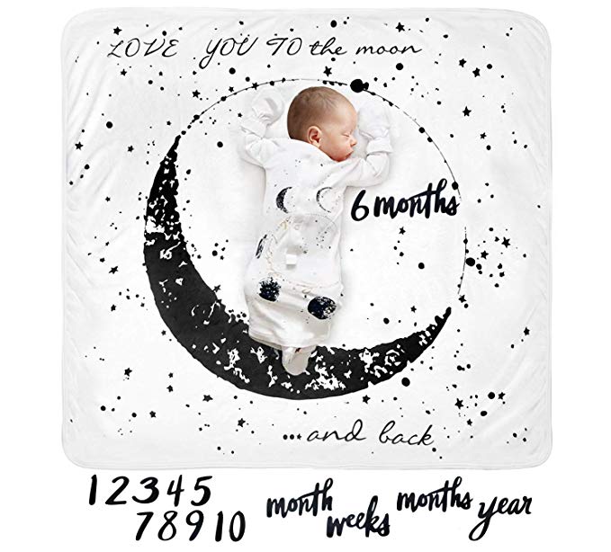Baby Monthly Milestone Blanket Moon - Neutral Personalized Month Blanket for Boy Girl Newborn Baby Shower Gift Soft Plush Fleece Photography Background Bonus Felt Milestone Number Set Large 47''x47''