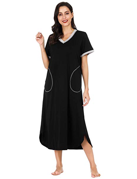 FINWANLO Long Nightgown Women's Loungewear Short Sleeve Nightshirt Full Length Sleepwear with Pocket