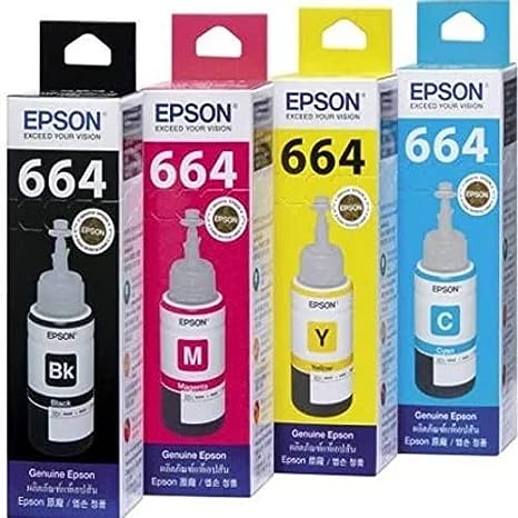Epson T664 Ink Bottle (Cyan, Magenta, Yellow, Black) Ink Tank Printer L100, L200, L210, L220, L300, L310, L350, L355-70 ML Each Bottle