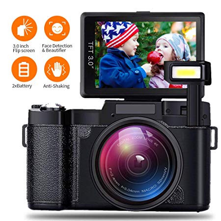 AMKOV Video Camera Digital Camera Vlogging Camera 1080P Camcorder with 4X Zoom, 2 Rechargeable Batteries, 3 Inch 180°Camera Flip Screen Retractable Flashlight Easy Operation to Seniors/Kids