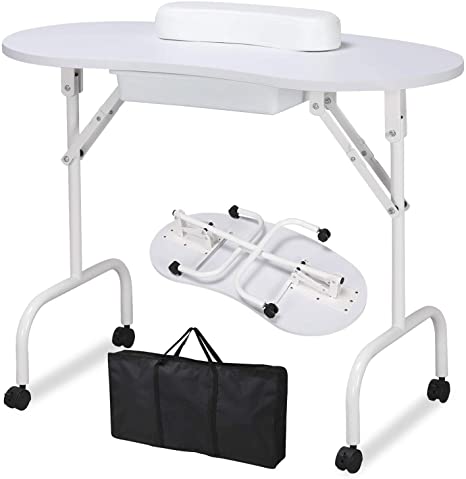 Yaheetech 37-inch Portable & Foldable Manicure Table Nail Desk Workstation with Large Drawer/Client Wrist Pad/Controllable Wheels/Carrying Case for Spa Beauty Salon White