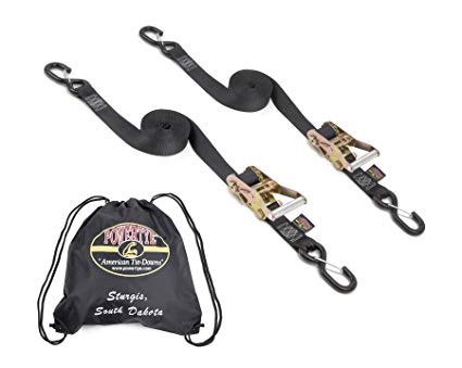 1½" x 16ft PowerTye Made in USA Heavy-Duty Industrial Ratchet with 2 Heavy Duty Latch Hooks with Free Storage Bag, 1 Pair, Black