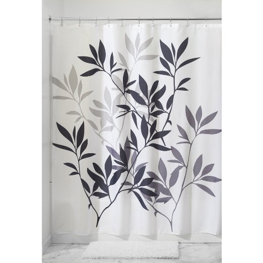 InterDesign Leaves Fabric Shower Curtain, Black/Gray/White