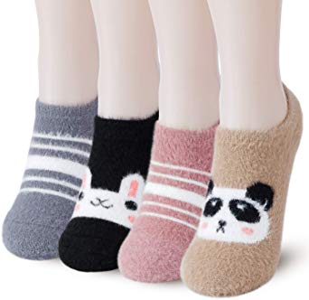 Slipper Socks for Women Anti-Slip 4-5 pairs Super Soft Warm Cozy with Cute Animal Low Cut Winter Fluffy Fuzzy Slipper Socks