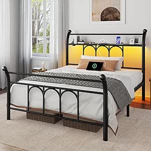 Rolanstar Twin Bed Frame with USB Charging Station, LED Bed Frame with Storage Headboard, 14 Inch Black Metal Platform Bed with Sleigh Headboard and Footboard, No Box Spring Needed, Noise Free