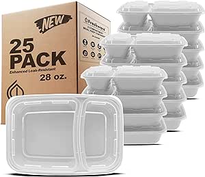 Freshware Meal Prep Containers [25 Pack] 2 Compartment with Lids, Food Storage Containers, Bento Box, BPA Free, Stackable, Microwave/Dishwasher/Freezer Safe (28 oz) Grey