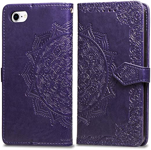 ZCDAYE Walllet Case for iPhone 7 iPhone 8 iPhone SE 2020, Premium PU Leather Embossed Mandala Florals [Magnetic Closure][Card Slots][Kickstand][Cash Pocket] Slim Protective Case Cover -Purple