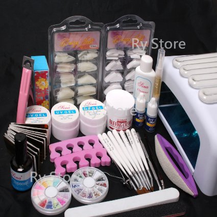 25 in 1 Professional Nail Art UV Gel Kit 36W UV Lamp Timer Dryer Brush Buffer Tool Cuticle Pusher Sand Block Files Side Clipper Top Coat Nail Tips Glue Set #50