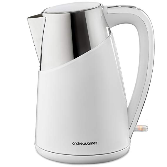 Andrew James Apollo Kettle | Electric Cordless Fast Boil Jug Kettle with Reusable Filter | Double Walled Insulation & Silicone Sealed Lid with Boil Dry Protection | 1.7 Litre | 3000W | White & Stainless Steel