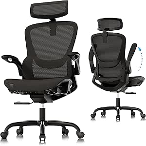 GABRYLLY Ergonomic Mesh Office Chair, Adjustable Home Desk Chair with Folding Armrest, 2D Headrest, Soft Seat and PU Wheel, Black Swivel Task Chair for Office, Business, Student (GY1108)