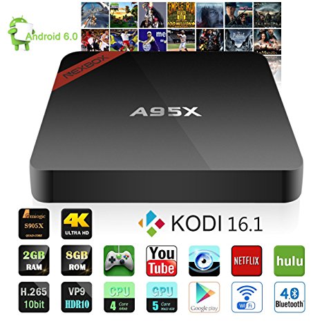 NEXBOX A95X Pro TV Box Android 6.0 Amlogic S905X Quad Core 2.0GHz STB KODI 16.1 Pre-installed 2GB RAM 8GB ROM VP9 4K H.265 HDR Media Player BT 4.0 Rooted with Spdif Learning Remote