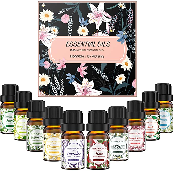 Homasy 10x10 ML Essential Oils, Floral Collection Gift Set Pure Essential Oils with Lavender, Rose, White Tea, Cherry Blossom, Chamomile, Gardenia & More for Diffuser, Humidifier, Massage, Skin Care