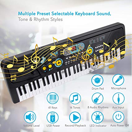 Digital Piano Kids Keyboard - Portable 61 Key Piano Keyboard, Learning Keyboard for Beginners w/ Drum Pad, Recording, Microphone, Music Sheet Stand, Built-in Speaker - Pyle PKBRD6111