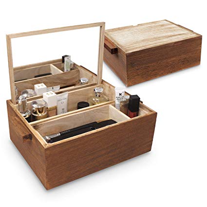 Ikee Design Wooden Jewelry Box, Cosmetic Organizer with Collapsible Mirror