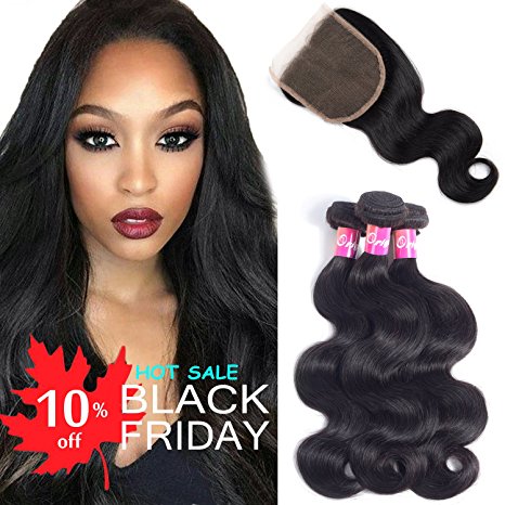 Brazilian Body Wave Virgin Hair 3 Bundles With Closure Free Part 100% Unprocessed Human Hair Remy Hair Extensions Natural Color 100g/pcs By Originea(10"12"14"+10")