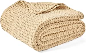 PHF 480GSM 100% Washed Cotton Waffle Weave Blanket, Cozy Breathable Skin-Friendly Throw King Size for All Season, Luxury Fall Layer Bedspread for Couch Bed Sofa, Elegant Home Decor,Beige,104"x90"