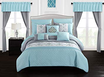 Chic Home Emily 20 Piece Comforter Set Color Block Floral Embroidered Bag Bedding, Queen Aqua Blue