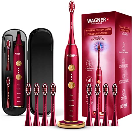 WAGNER Switzerland WHITEN  Edition. Smart Electric Toothbrush with Pressure Sensor. 5 Brushing Modes and 3 Intensity Levels, 8 Dupont Bristles, Premium Travel Case, USB Wireless Charging.(Burgundy)