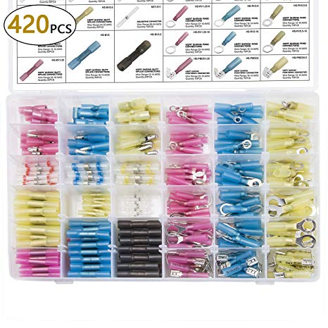 URLWALL 420PCS Assorted Heat Shrink Butt Bullet Ring Piggyback Connecters Crimp Terminals and Waterproof Solder Sleeve Kit