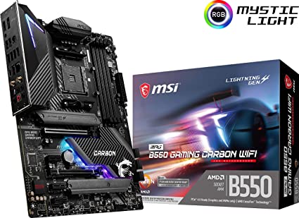 MSI MPG B550 Gaming Carbon WiFi Gaming Motherboard (AMD AM4, DDR4, PCIe 4.0, SATA 6Gb/s, Dual M.2, USB 3.2 Gen 2, HDMI/DP, Wi-Fi 6 AX, ATX)