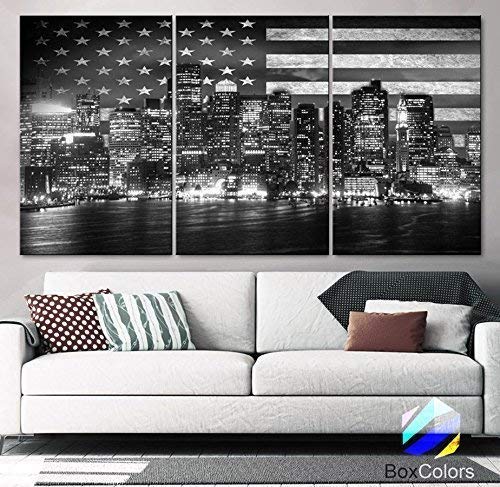 Original by BoxColors XLARGE 30"x 60" 3 Panels 30"x20" Ea Art Canvas Print Flag USA Boston Skyline night Black & White Wall Home Office decor interior (framed 1.5" depth)