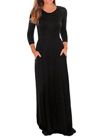 ROSKIKI Women 3/4 Sleeve Pockets High Waist Casual Long Jersey Maxi Dress