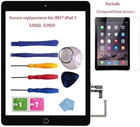 for 2017 iPad 5 Glass Touch Screen Digitizer Replacement Kit Black A1822, A1823 with Home Button Flex, Adhesive Tape, Screen Protector, Instruction Manual，and Repair Toolkit