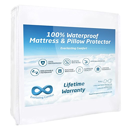 Everlasting Comfort 100% Waterproof Mattress Protector with 2 Free Pillow Protectors. Complete Set, Hypoallergenic, Breathable Membrane (Full)