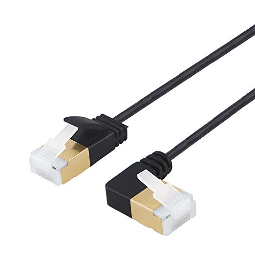 Cat7 Ultra Slim Ethernet Cable Left Angle, Cablecreation SSTP Shielded Network Patch RJ45 8P8C Cable Cat 7(Category 7), 3m（10FT）, Black