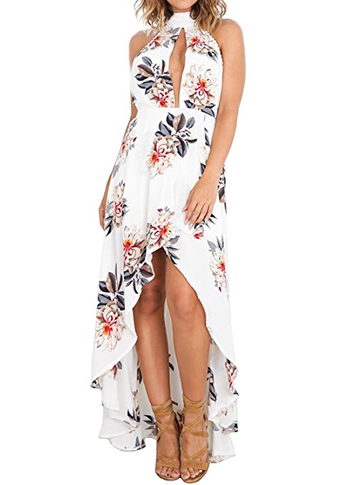 ZESICA Women's Halter Neck Floral Printed High Low Beach Party Maxi Dress