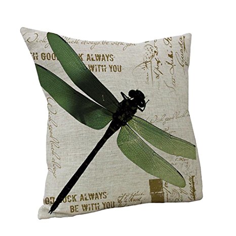 Nunubee Cute Green Dragonfly Printed Linen Cotton Decorative Pillow Cushion Cover Case
