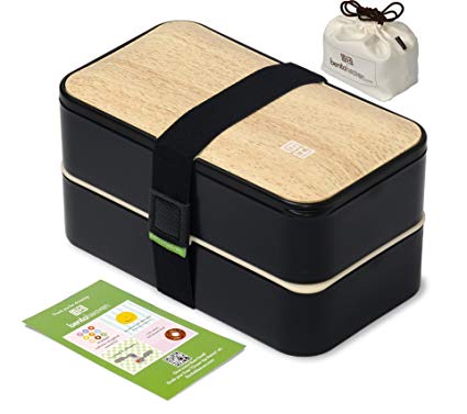 Original BentoHeaven Bento Box Bundle with FREE Lunch Bag, Divider, Utensils, Chopstick & Fun Lunch Box Notes - Leakproof Lunch Boxes - Bamboo Black